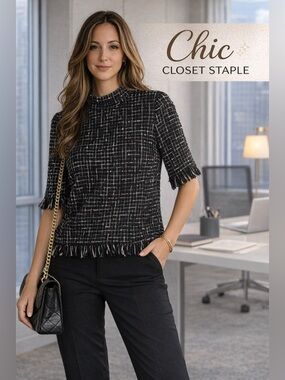 ZARA Black & White Tweed Fringe Top XS | Chic Parisian Style